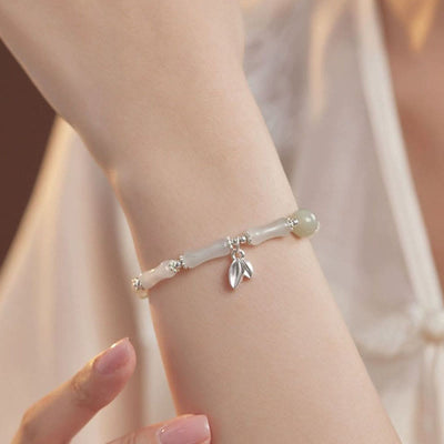 Buddha Stones 925 Sterling Silver Natural Tianshan Jade Bamboo Charm Luck Bracelet 5