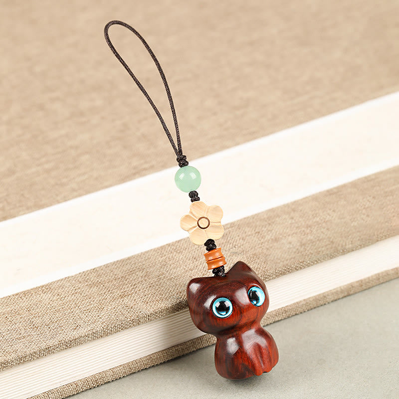 Foviel Mini Small Leaf Red Sandalwood Ebony Wood Lucky Cat Lovely Kitty Peace Key Chain Phone Hanging Decoration