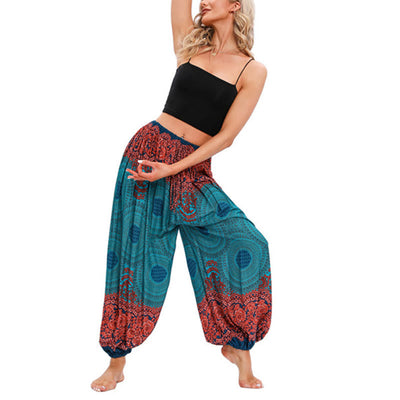 Buddha Stones Loose Circle-shaped Flowers Pattern Harem Trousers Women's Yoga Pants Women's Harem Pants BS Green(Waist 60-95cm/Hips 170cm/Length 98cm)