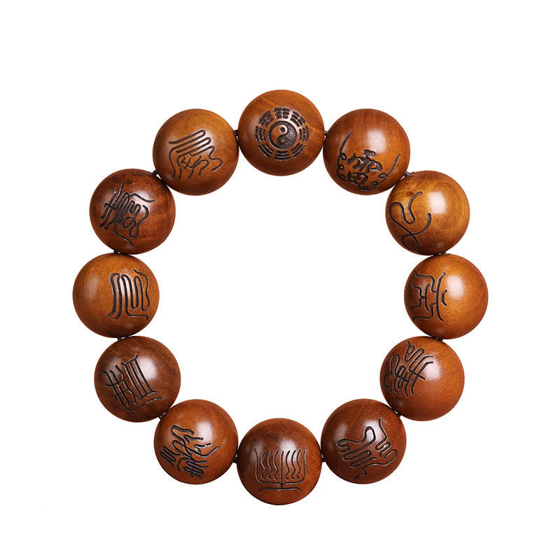 Buddha Stones Lightning Struck Jujube Wood Yin Yang Bagua Taoist Taboo Scripture Symbol Engraved Luck Bracelet Bracelet BS 11