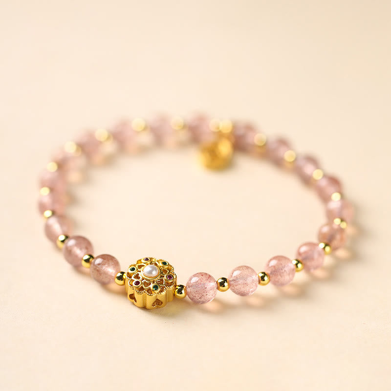 Buddha Stones 14K Gold Plated Natural Strawberry Quartz Labradorite Sun Stone Fu Character Positive Charm Bracelet Bracelet BS Strawberry Quartz(Wrist Circumference 15-16cm)