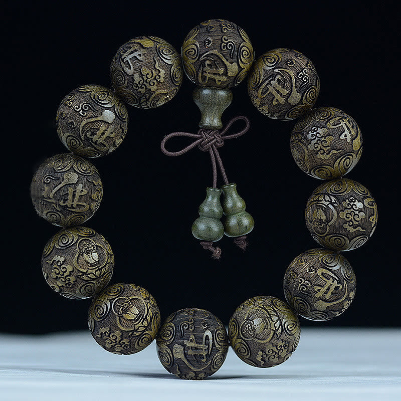 Foviel Chinese Zodiac Rosewood Ebony Copper Coin PiXiu Carved Warmth Bracelet