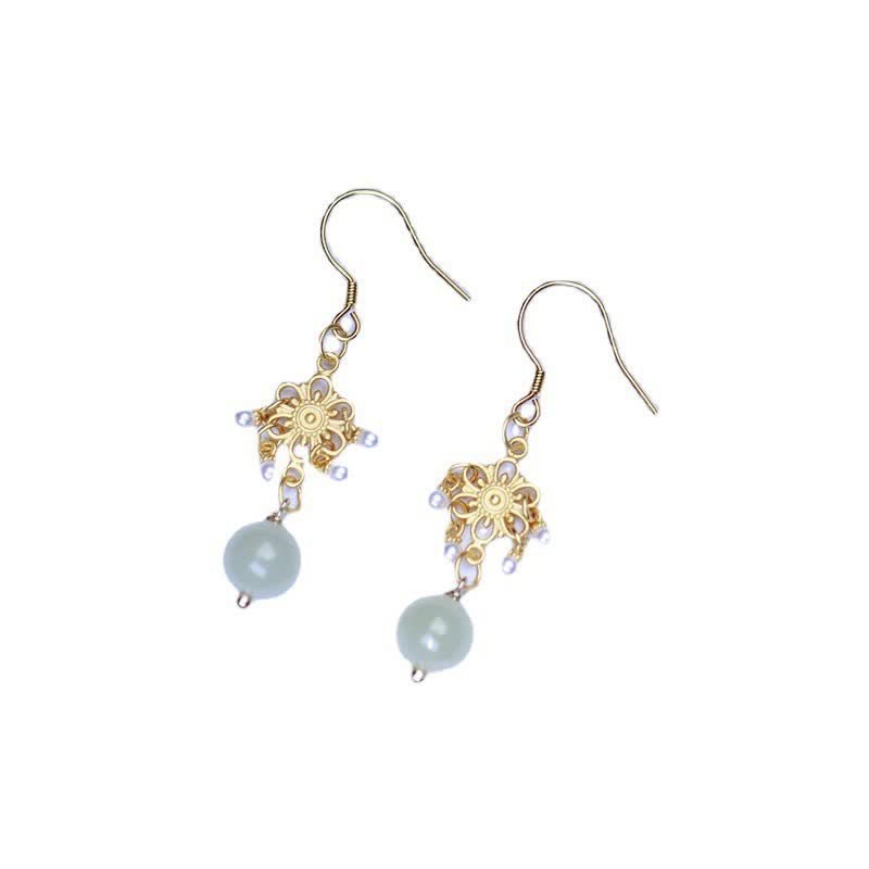 Hetian Jade Flower Pattern 14K Gold Plated Luck Drop Dangle Earrings - image 4