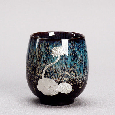 Buddha Stones Silver Lotus Flower Leaf Chinese Jianzhan Ceramic Teacup Kung Fu Tea Cup 150ml Jian Zhan Tea Cup BS Navy Blue 6cm*7.5cm*150ml