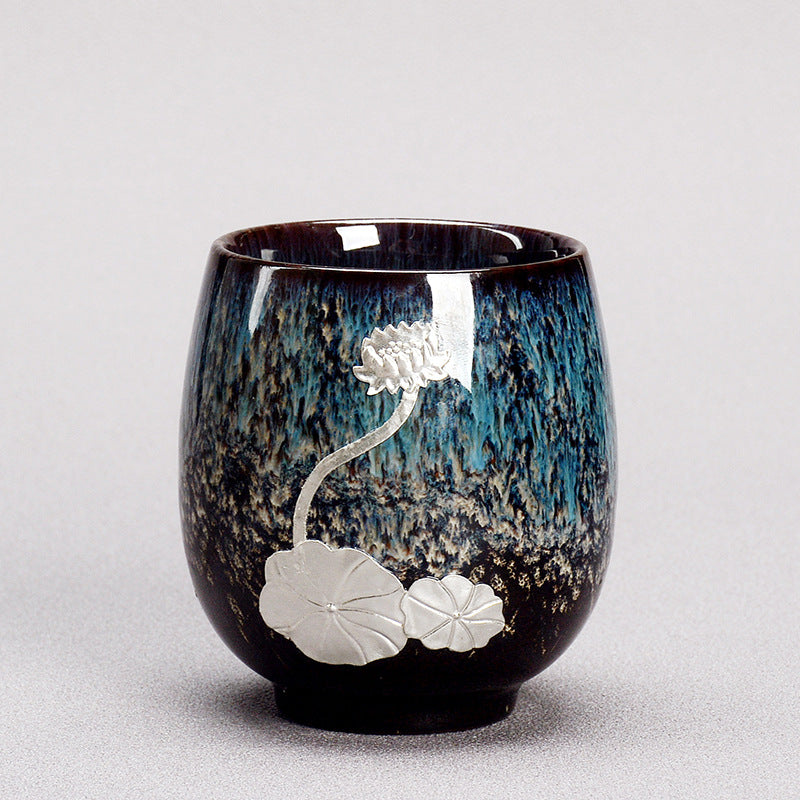 Buddha Stones Silver Lotus Flower Leaf Chinese Jianzhan Ceramic Teacup Kung Fu Tea Cup 150ml Jian Zhan Tea Cup BS Navy Blue 6cm*7.5cm*150ml