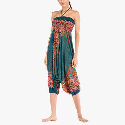 Buddha Stones Two Style Wear Round Geometric Pattern Loose Smocked Harem Trousers Jumpsuit High Waist Women's Yoga Pants Harem Pants&Bodysuit BS 26