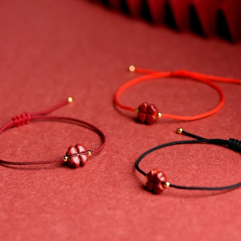 Buddha Stones Natural Cinnabar Four Leaf Clover Blessing Red String Bracelet Anklet Bracelet BS 13