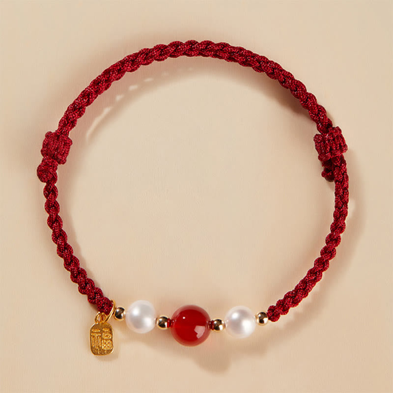 Buddha Stones 925 Sterling Silver Good Fortune Fu Character Agate Pearl Red String Braid Bracelet - image 2