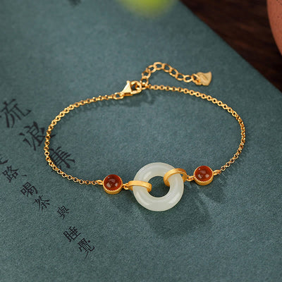 Buddha Stones 925 Sterling Silver Plated Gold Natural Hetian Jade Peace Buckle Red Agate Luck Bracelet Bracelet BS Hetian Jade(Prosperity♥Abundance)(Bracelet Size 16+3cm)