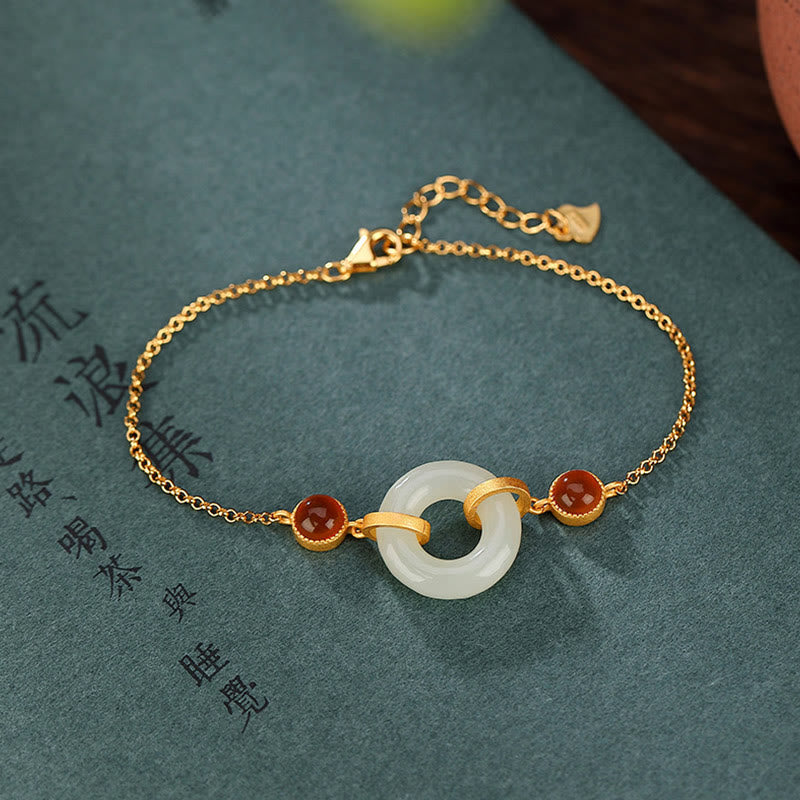 Buddha Stones 925 Sterling Silver Plated Gold Natural Hetian Jade Peace Buckle Red Agate Luck Bracelet Bracelet BS Hetian Jade(Prosperity♥Abundance)(Bracelet Size 16+3cm)