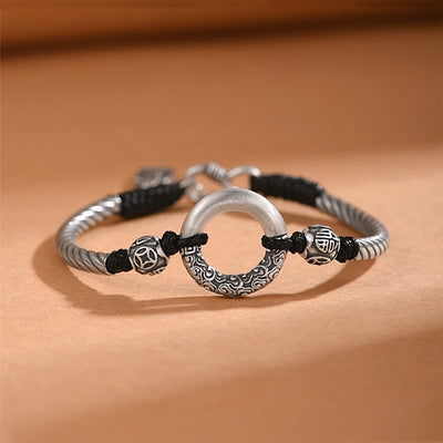 Buddha Stones 999 Sterling Silver Fu Character Peace Buckle Copper Coin Auspicious Clouds Fortune Bracelet Bracelet BS 999 Sterling Silver(Bracelet Size 18+1cm)