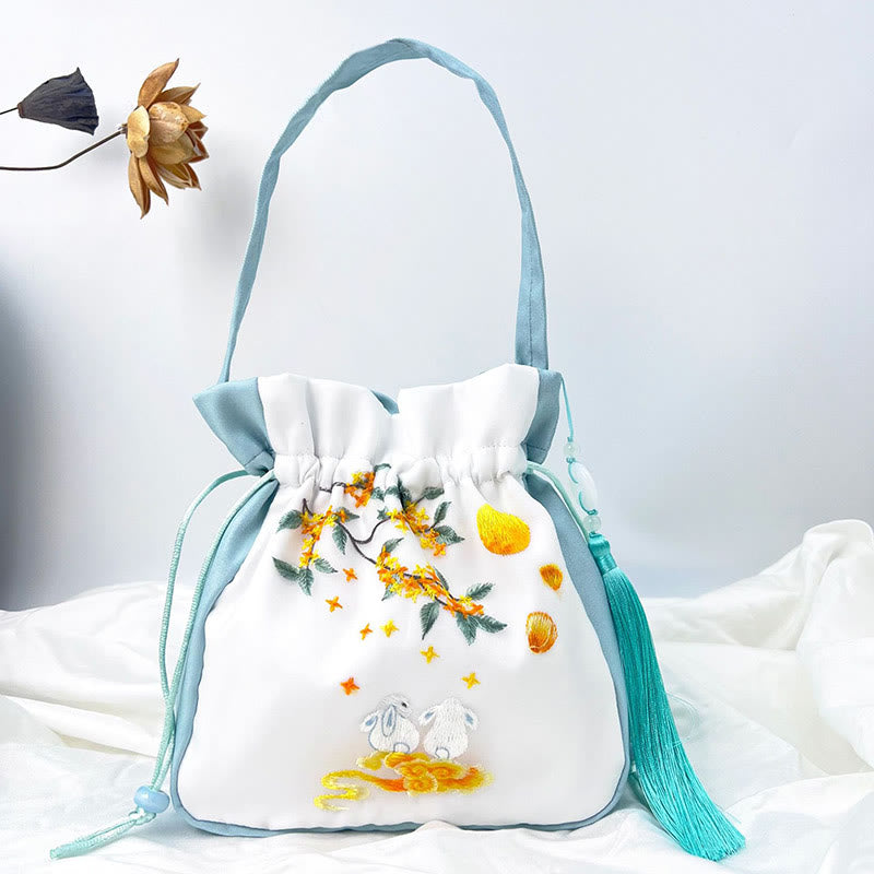 Buddha Stones Suzhou Embroidery Rabbit Lotus Epiphyllum Peony Magnolia Silk Tote Crossbody Bag Shoulder Bag Handbag Crossbody Bag BS Light Green Osmanthus Rabbit 20*20*7cm