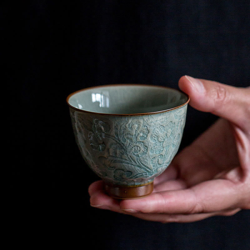 Buddha Stones Lotus Carved Ceramic Teacup Kung Fu Tea Cup Cup BS 1