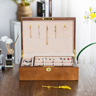 Buddha Stones Vintage Wooden Jewelry Box Two-Layer Solid Wood Jewelry Storage Box Jewelry Box BS 2