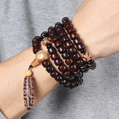 Bracelet de chance Foviel 108 perles Mala avec perle Dzi à trois yeux et perle Dzi à neuf yeux en jade