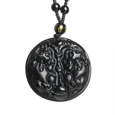 Buddha Stones Black Obsidian Double Pixiu Bead Rope Purification Necklace Pendant Necklaces & Pendants BS 6