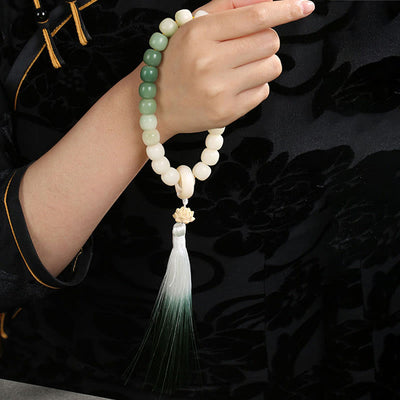 Buddha Stones Natural Gradient Bodhi Seed Fortune Money Bag Lotus Wisdom Tassel Wrist Mala Wrist Mala BS 14