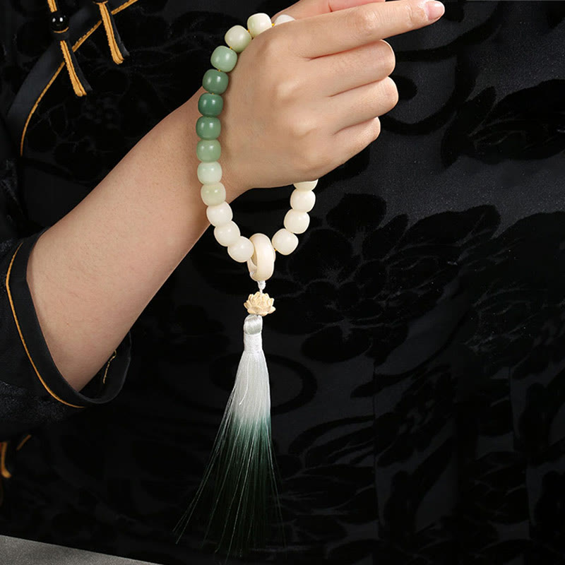 Buddha Stones Natural Gradient Bodhi Seed Fortune Money Bag Lotus Wisdom Tassel Wrist Mala Wrist Mala BS 14