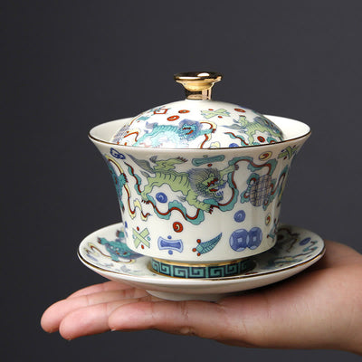 Buddha Stones Retro Plum Blossom Pine Bamboo Phoenix Kirin Ceramic Gaiwan Sancai Teacup Kung Fu Tea Cup and Saucer with Lid Cup BS 12