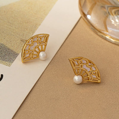 Buddha Stones 925 Sterling Silver Posts Fan Pattern Pearl Copper Wisdom Stud Drop Earrings Earrings BS 1