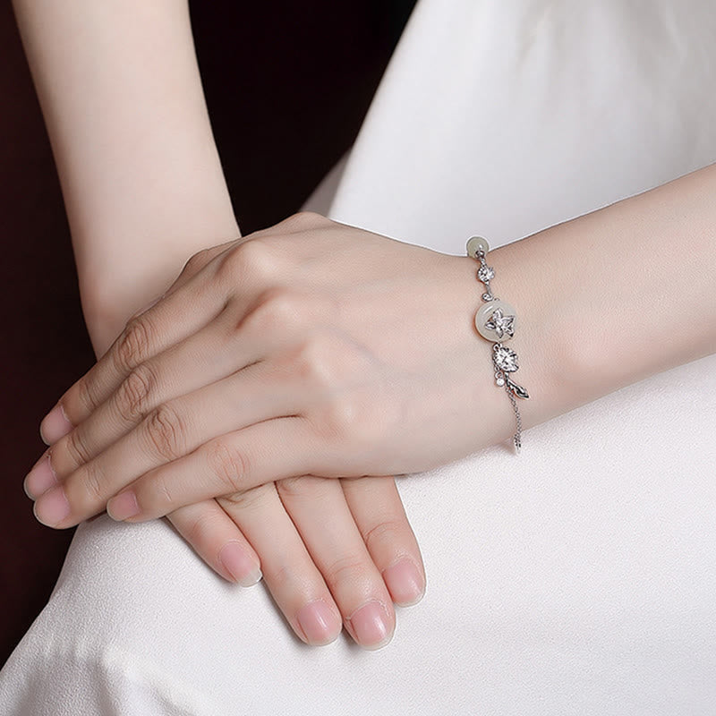Buddha Stones 925 Sterling Silver Hetian Jade Peace Buckle Lotus Luck Chain Bracelet Bracelet BS 10