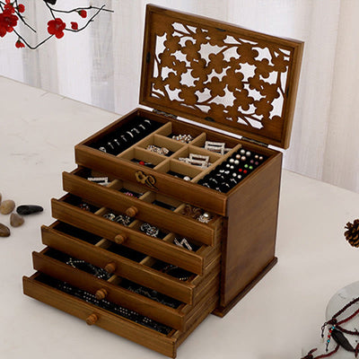 Buddha Stones Vintage Plum Blossom Carved Wooden Jewelry Box Six-Layer Jewelry Storage Box Jewelry Box BS 21