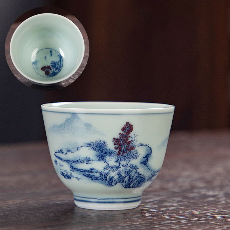 Buddha Stones Blue Landscape Mountains Lotus Cute Cat Pavilions Magnolia Reed Egrets Ceramic Teacup Small Kung Fu Tea Cup Cup BS Blue Landscape 6cm*4.5cm*50ml