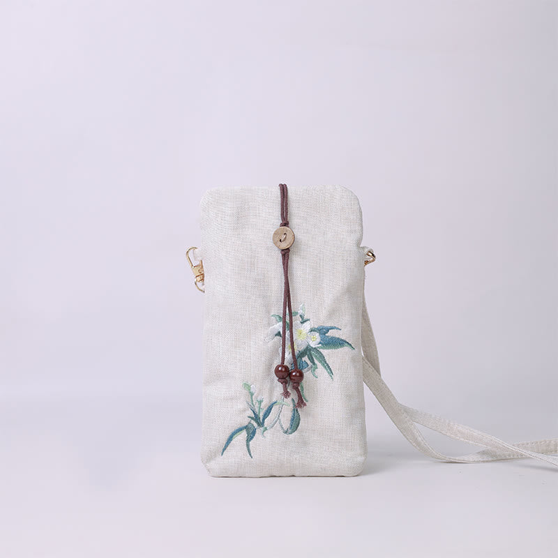 Buddha Stones Small Embroidered Flowers Crossbody Bag Shoulder Bag Cellphone Bag 11*20cm Crossbody Bag BS Beige Pear Flower 11*20cm