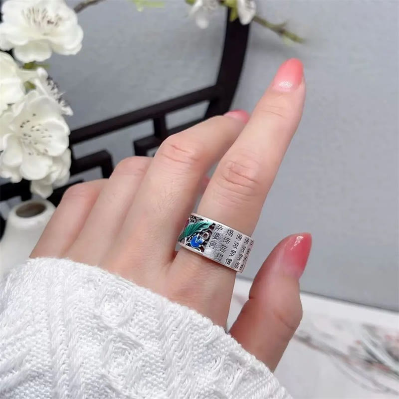 Buddha Stones Copper Blue Enamel Lotus Heart Sutra Koi Fish Luck Ring Ring BS 14