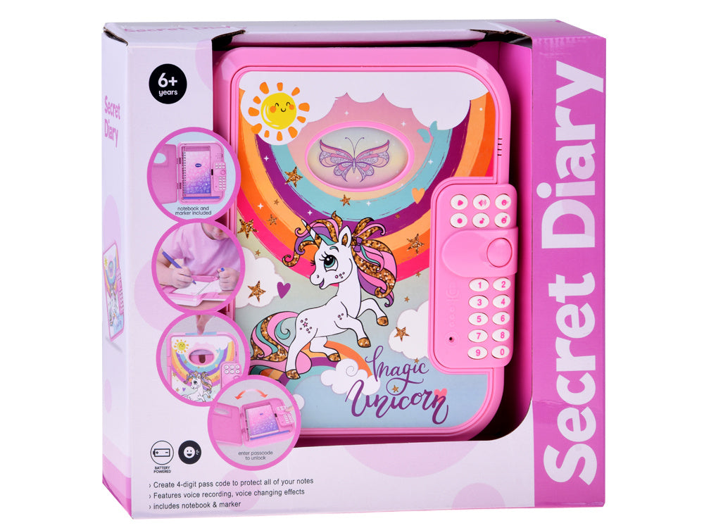 Fidtoy 2 in 1 Interactive Coded Secret Magical Unicorn Diary, Pink Password Diary with Recording, Playback, Voice Changer, Hidden Storage, Notebook and Marker Ages 6+