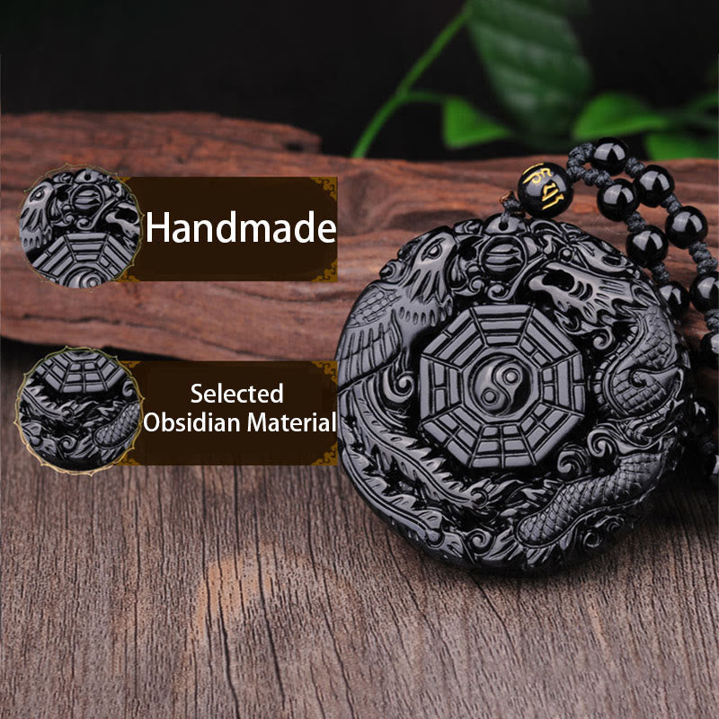 Collier pendentif Foviel Bagua Dragon Phénix en obsidienne