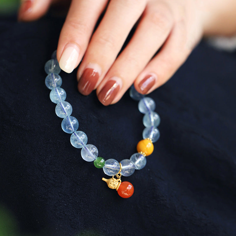 Buddha Stones Aquamarine Red Agate Peace Gourd Charm Bracelet Bracelet BS 5