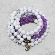 Bracelet de méditation et de guérison Foviel 108 perles Mala en améthyste, turquoise blanche et OM