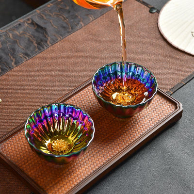 Buddha Stones Lotus Peacock Gold Inlaid Multicolored Chinese Jianzhan Ceramic Teacup Kung Fu Tea Cup Jian Zhan Tea Cup BS 1