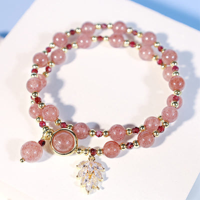 Foviel Natural Strawberry Quartz Love Healing Maple Leaf Charm Double Wrap Bracelet
