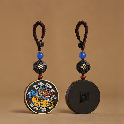 Buddha Stones PiXiu Copper Coin Ebony Wood Luck Attract Wealth Key Chain Decoration Key Chain BS 2
