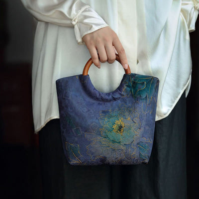 Buddha Stones Peony Flower Bamboo Leaves Bird Solid Wood Handle Handbag Handbags BS 8