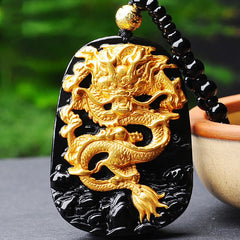 Collier avec pendentif porte-bonheur Foviel en obsidienne et dragon plaqué or 18 carats