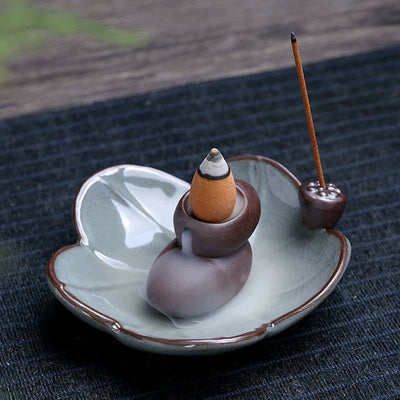 Buddha Stones Lotus Plum Blossom Square Ceramic Spiritual Backflow Incense Burner Incense Burner BS Plum Blossom