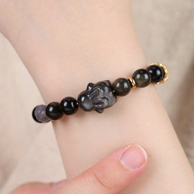 Buddha Stones Gold Sheen Obsidian Black Obsidian Silver Sheen Obsidian Cute Rabbit Protection Bracelet Bracelet BS 12