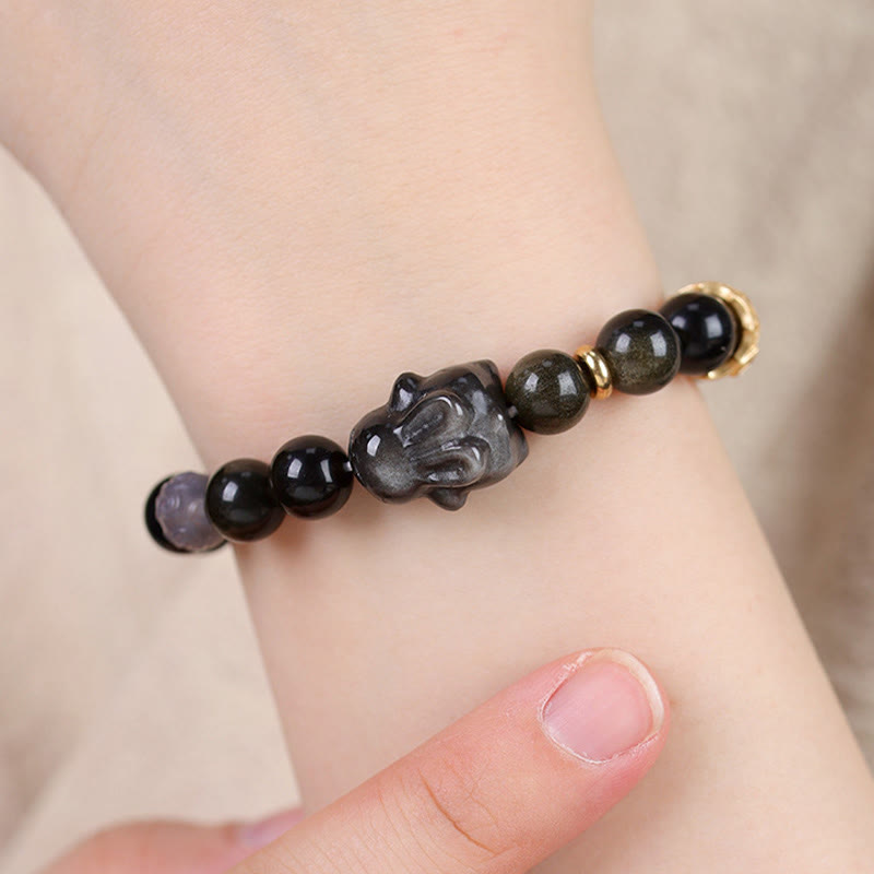 Buddha Stones Gold Sheen Obsidian Black Obsidian Silver Sheen Obsidian Cute Rabbit Protection Bracelet Bracelet BS 12