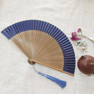 Buddha Stones Simple Hollow Engraved Handheld Bamboo Folding Fan Folding Fan BS Blue Beige 22cm