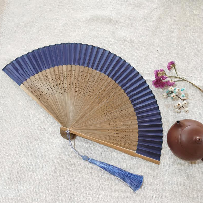 Buddha Stones Simple Hollow Engraved Handheld Bamboo Folding Fan Folding Fan BS Blue Beige 22cm