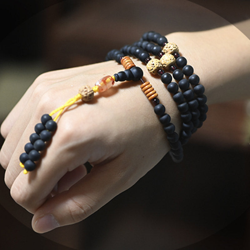Buddha Stones Tibetan Mala Cypress Bodhi Seed Red Agate Healing Bracelet Mala Bracelet BS 3