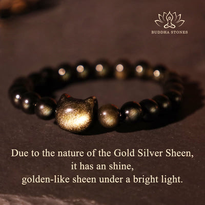 Foviel Gold Sheen Obsidian Silver Sheen Obsidian Lovely Paw Lucky Cat Protection Bracelet