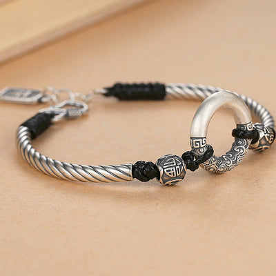 Buddha Stones 999 Sterling Silver Fu Character Peace Buckle Copper Coin Auspicious Clouds Fortune Bracelet Bracelet BS 1