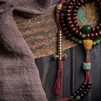 Buddha Stones Natural Tibet 108 Mala Beads Purple Bodhi Seed Hetian Cyan Jade Copper Dorje Peace Bracelet Mala Bracelet BS 4
