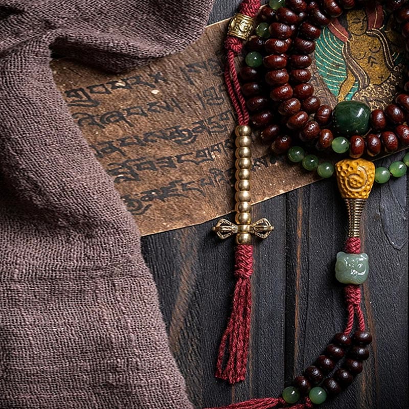 Buddha Stones Natural Tibet 108 Mala Beads Purple Bodhi Seed Hetian Cyan Jade Copper Dorje Peace Bracelet Mala Bracelet BS 4