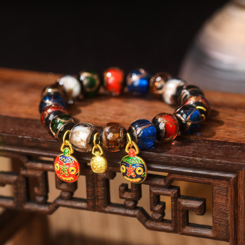 Buddha Stones Five Elements Gold Swallowing Beast Family Charm Liuli Glass Bead Luck Bracelet Bracelet BS Liuli Glass Bead&Medium Red Blue Gold Swallowing Beast Family 14mm(15 Beads)