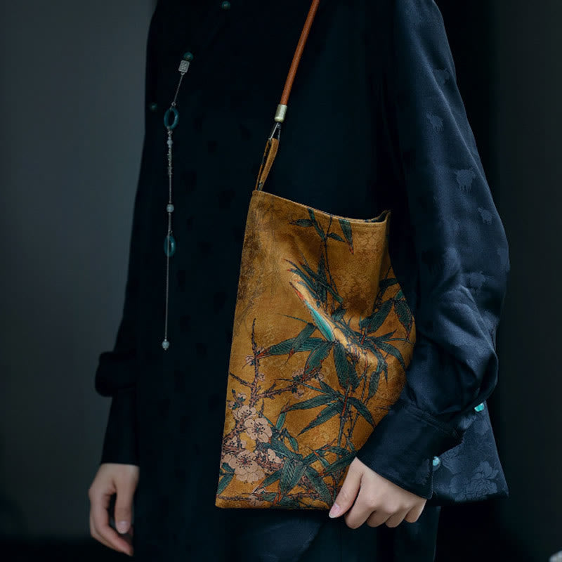 Buddha Stones Bamboo Leaves Flower Butterfly Persimmon Shoulder Bag Handbag Shoulder Bag BS 7
